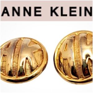 Vintage Anne Klein Clip On Earrings Gold Tone Logo AK Domed 1.25" Heavy